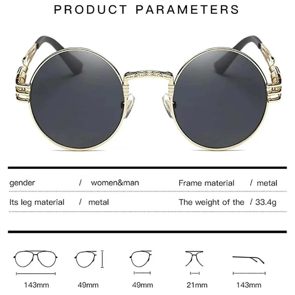 Men Round Steampunk Sunglasses Gold Frame Designer Fashion Sun‎ Glasses Rapper